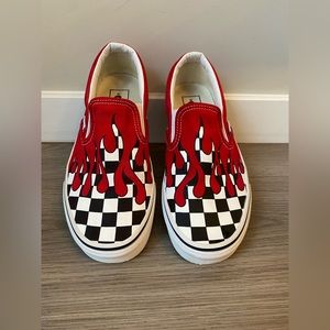 Red Fire Checkered Slip On Vans